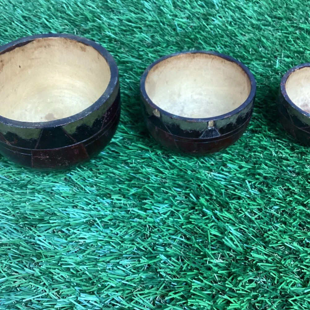 Vintage Hand Carved Nesting Bowls Tribal Design 5